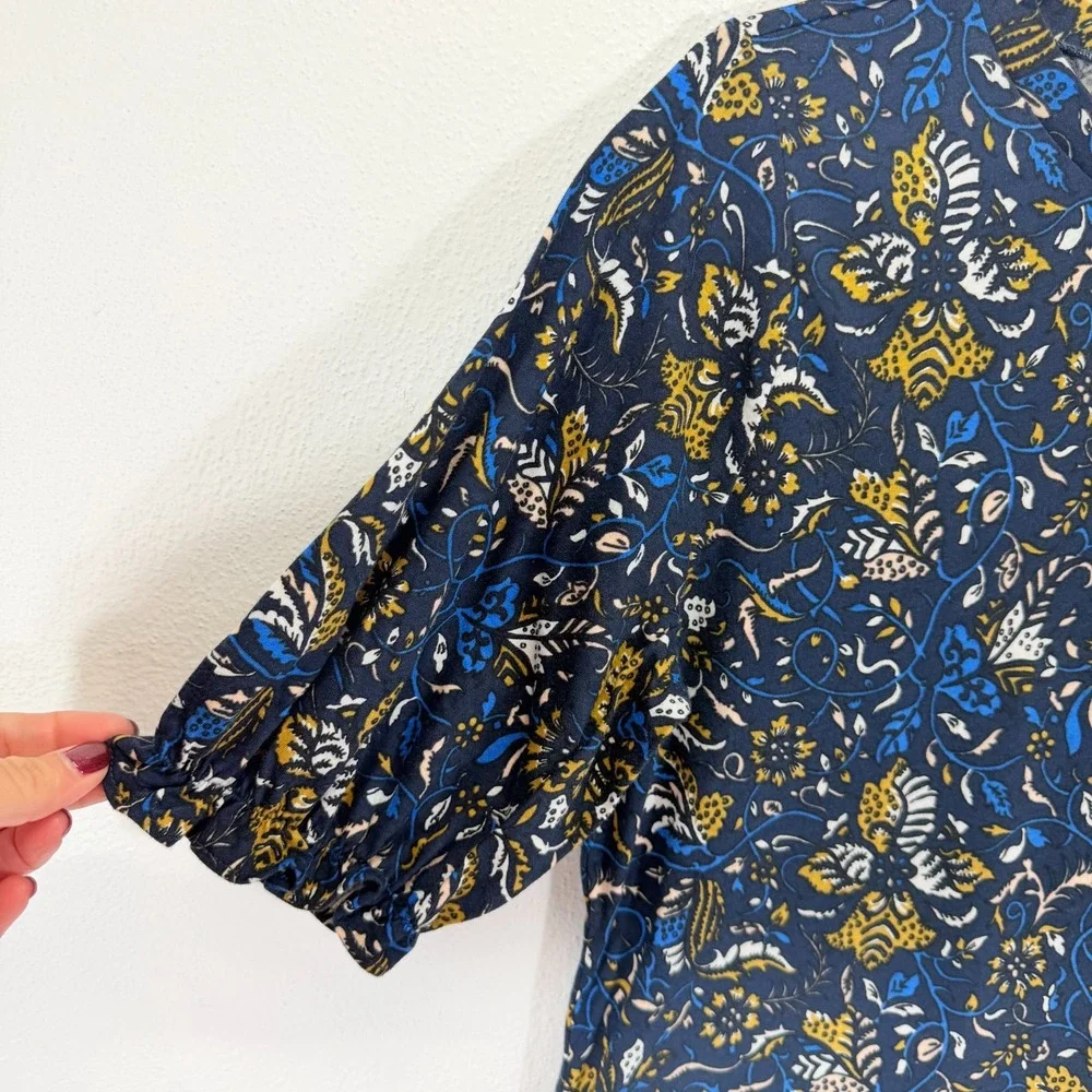 Loft NWT Floral Paisley Puff Ruffle Sleeve 100% Cotton Top Navy Blue Size Small